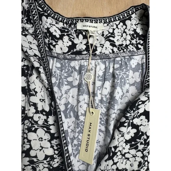 MAX STUDIO Black White Floral Print Button Front Midi Dress Size L MAX STUDIO Black White Floral Print Button Front Midi Dress Size L